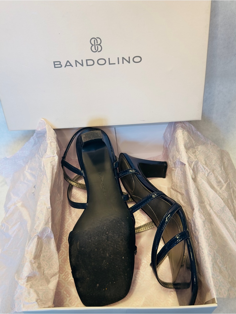 Bandolino Navy Patent Strappy Block Heel Sandals